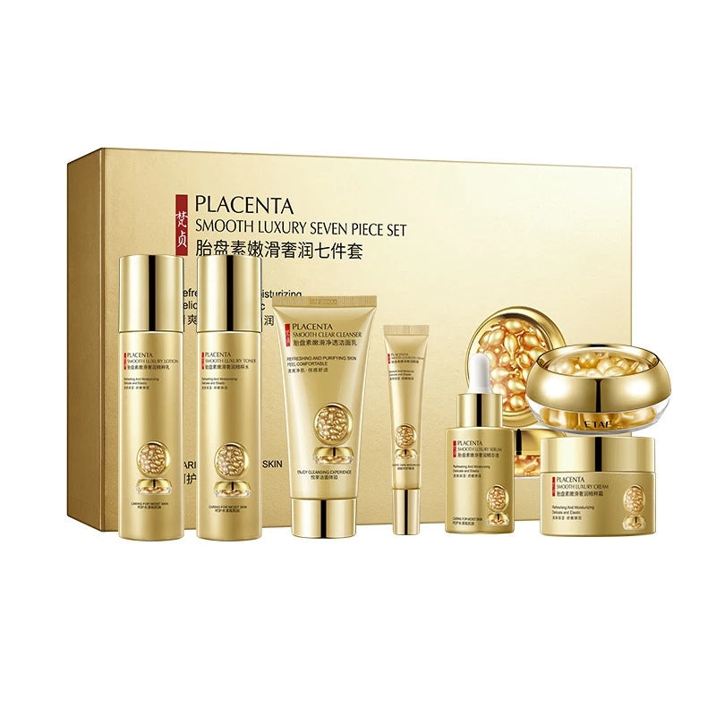 Placenta Skin Care Seven-Piece Set, Rich in Placenta Essence Ingredients, Moisturizing Skin Care Products, Hydrating, Nourishing, Refreshing, Lotion Set, Including Facial Essence, Eye Cream, Face Cream, Cleanser, Essence Crea