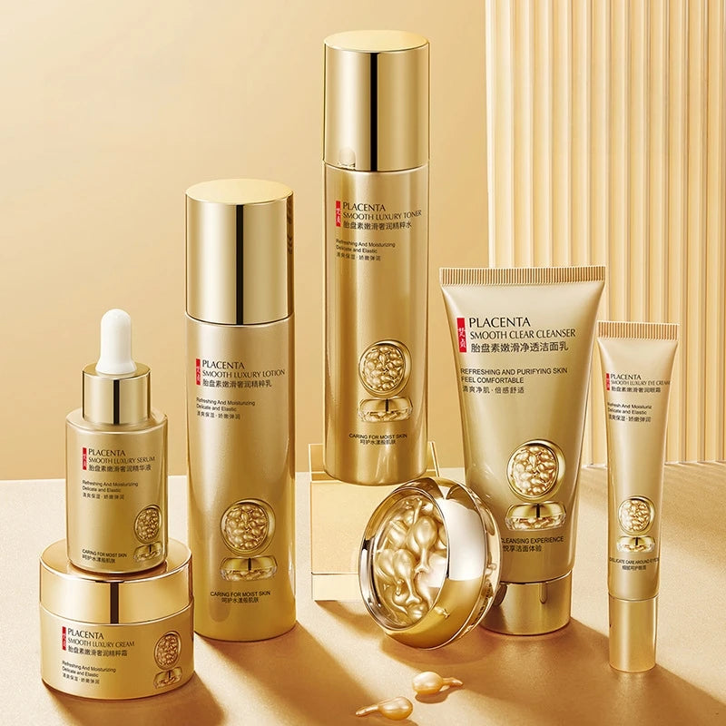 Placenta Skin Care Seven-Piece Set, Rich in Placenta Essence Ingredients, Moisturizing Skin Care Products, Hydrating, Nourishing, Refreshing, Lotion Set, Including Facial Essence, Eye Cream, Face Cream, Cleanser, Essence Crea