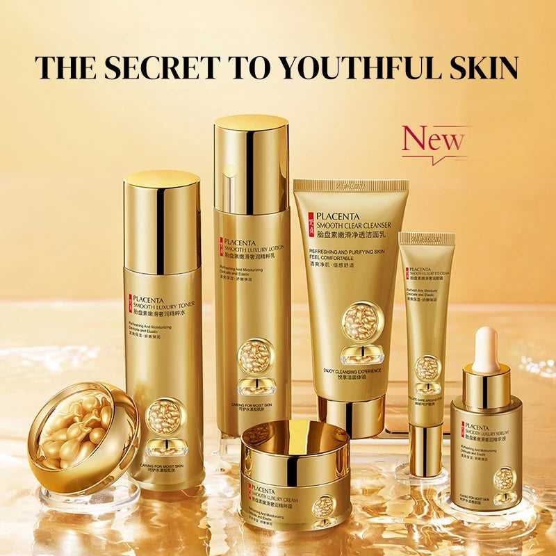 Placenta Skin Care Seven-Piece Set, Rich in Placenta Essence Ingredients, Moisturizing Skin Care Products, Hydrating, Nourishing, Refreshing, Lotion Set, Including Facial Essence, Eye Cream, Face Cream, Cleanser, Essence Crea