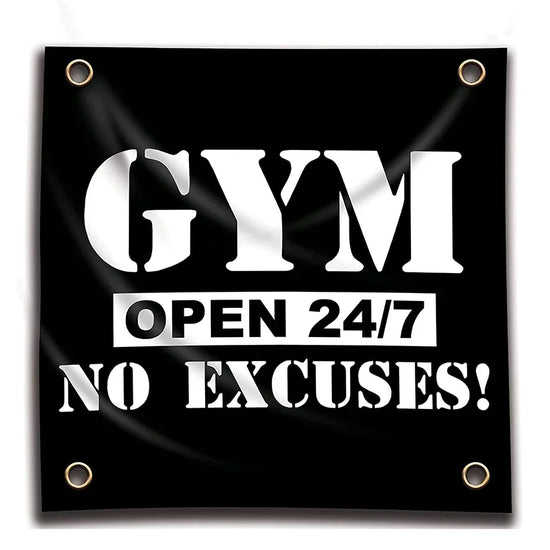 GYM Open 24/7 No Excuses Flag 3X3 FT Motivational Home Gym Tapestry For Decor Bedroom Room Dorm Wall With Four Brass Grommets