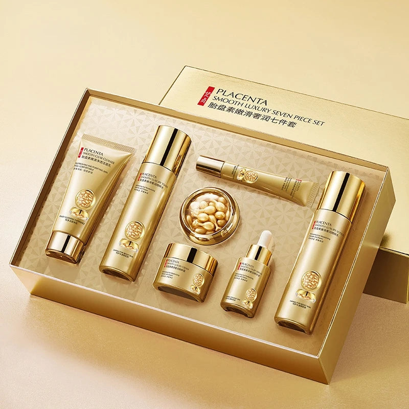 Placenta Skin Care Seven-Piece Set, Rich in Placenta Essence Ingredients, Moisturizing Skin Care Products, Hydrating, Nourishing, Refreshing, Lotion Set, Including Facial Essence, Eye Cream, Face Cream, Cleanser, Essence Crea