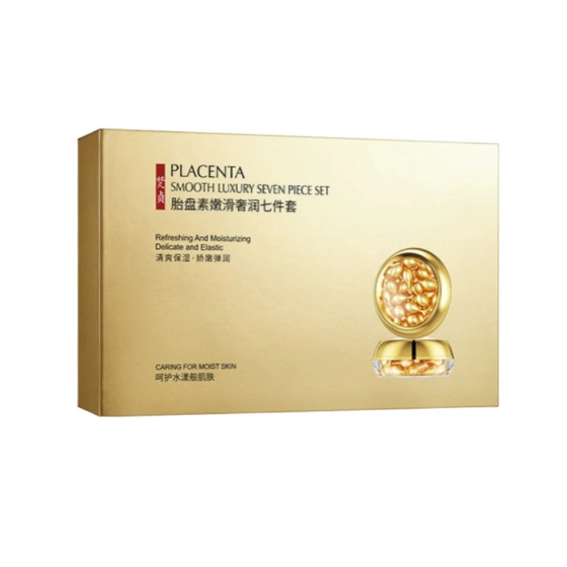 Placenta Skin Care Seven-Piece Set, Rich in Placenta Essence Ingredients, Moisturizing Skin Care Products, Hydrating, Nourishing, Refreshing, Lotion Set, Including Facial Essence, Eye Cream, Face Cream, Cleanser, Essence Crea