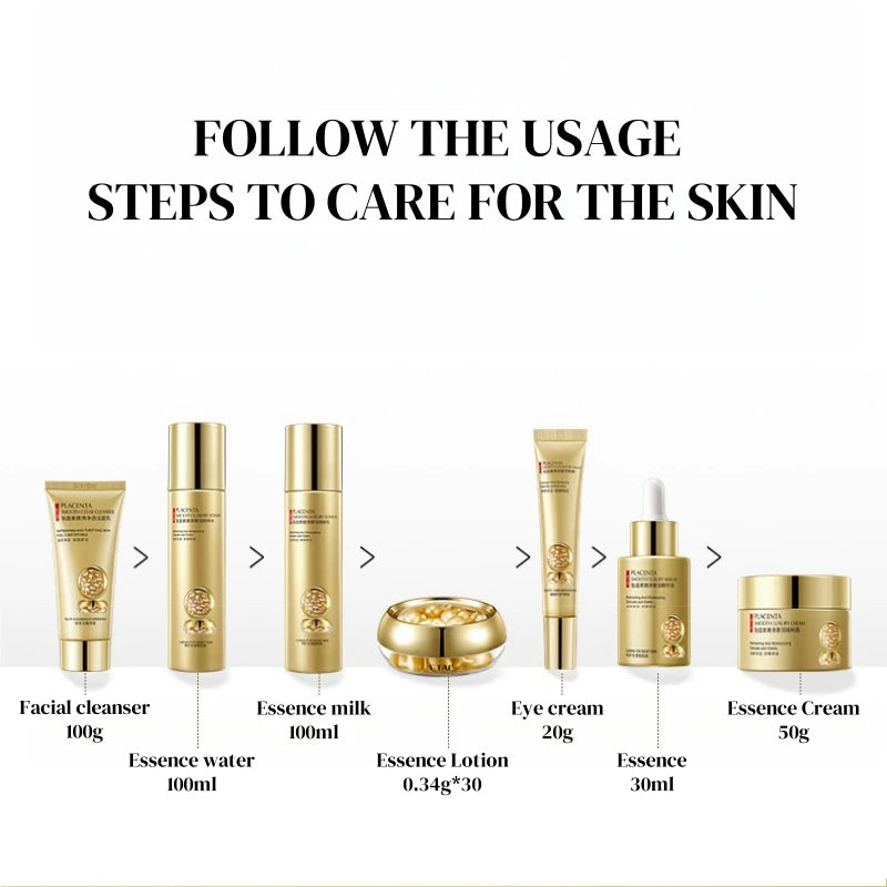 Placenta Skin Care Seven-Piece Set, Rich in Placenta Essence Ingredients, Moisturizing Skin Care Products, Hydrating, Nourishing, Refreshing, Lotion Set, Including Facial Essence, Eye Cream, Face Cream, Cleanser, Essence Crea