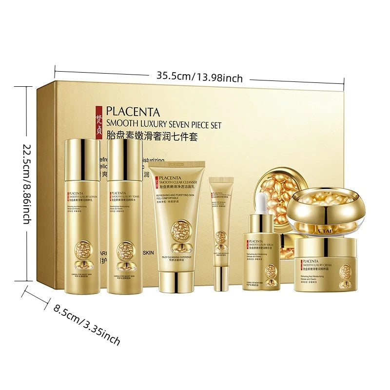 Placenta Skin Care Seven-Piece Set, Rich in Placenta Essence Ingredients, Moisturizing Skin Care Products, Hydrating, Nourishing, Refreshing, Lotion Set, Including Facial Essence, Eye Cream, Face Cream, Cleanser, Essence Crea